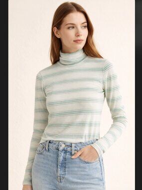 J.Crew Tissue Turtleneck Large Mint Stripe Soft Cotton Long Sleeve Layer K4232